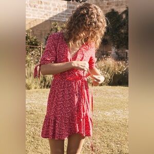Auguste the label / Daphne crop sleeve wrap floral Mini Dress Red Sz 2
